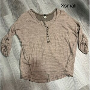 Free People‎ Striped Henley Top Distressed Taupe XS Rolled Sleeve Button Up
